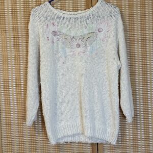 Margules Womens 40 Sweater Cream Floral Vintage Y2K Grannycore Preppy Coastal